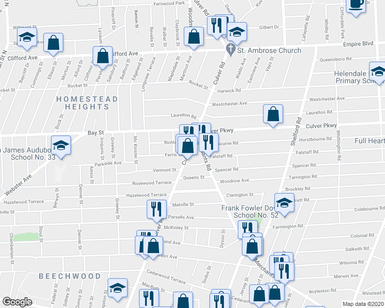 map of restaurants, bars, coffee shops, grocery stores, and more near 1348 Culver Road in Rochester