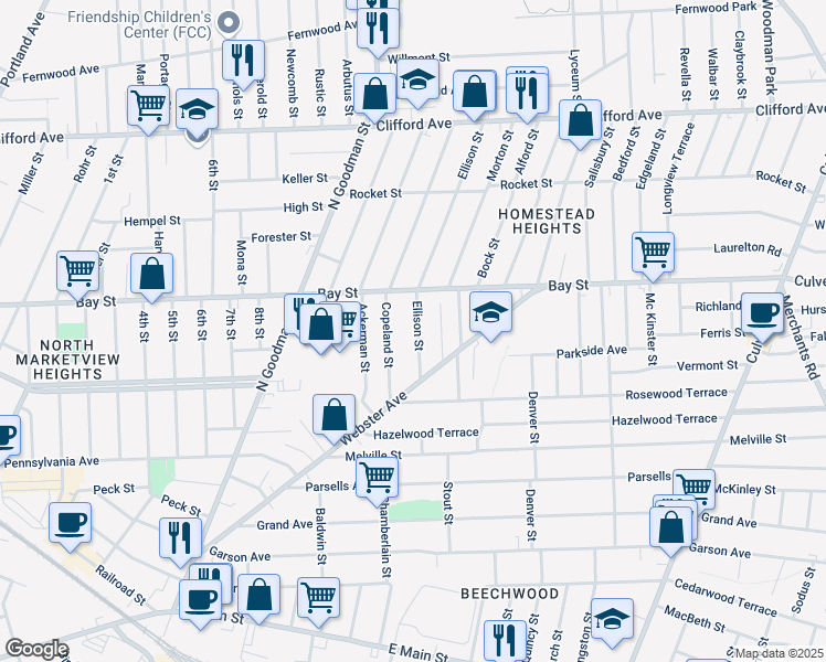 map of restaurants, bars, coffee shops, grocery stores, and more near 66 Ellison Street in Rochester