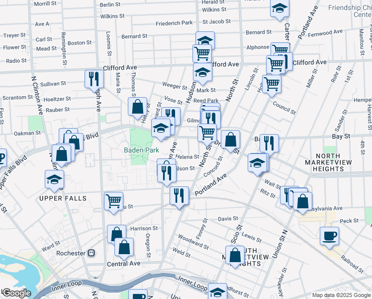 map of restaurants, bars, coffee shops, grocery stores, and more near in Rochester