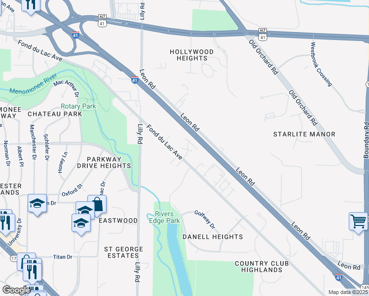 map of restaurants, bars, coffee shops, grocery stores, and more near N83W13606 Fond du Lac Avenue in Menomonee Falls