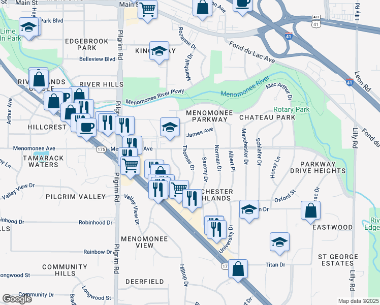 map of restaurants, bars, coffee shops, grocery stores, and more near N84W15139 Menomonee Avenue in Menomonee Falls