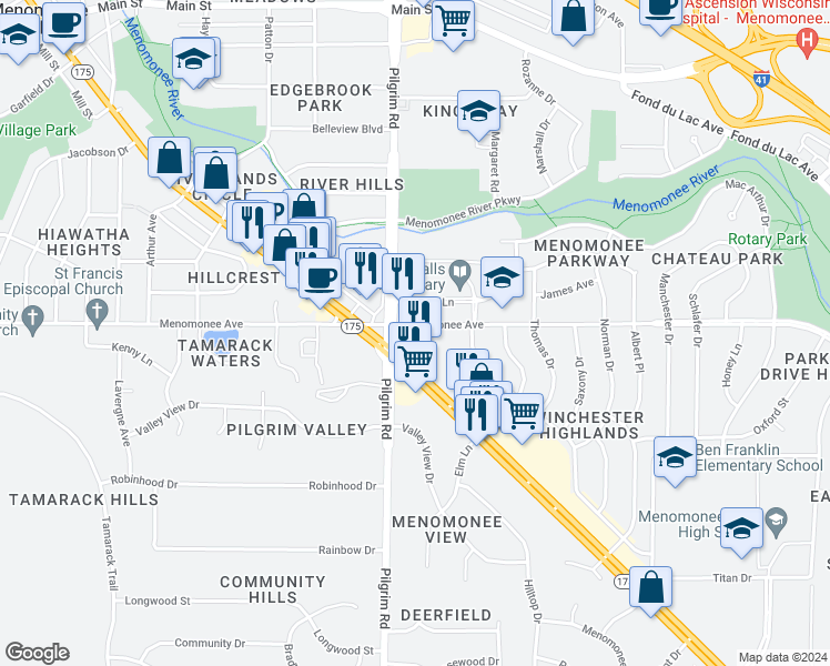 map of restaurants, bars, coffee shops, grocery stores, and more near N84W15467 Menomonee Avenue in Menomonee Falls