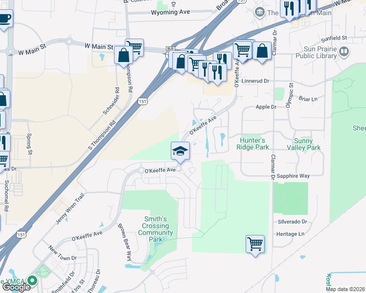 map of restaurants, bars, coffee shops, grocery stores, and more near 901 O'Keeffe Avenue in Sun Prairie