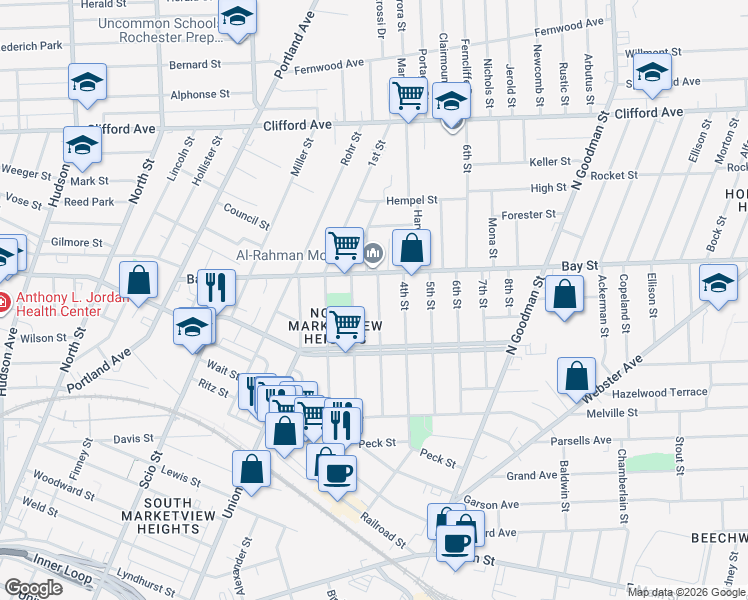 map of restaurants, bars, coffee shops, grocery stores, and more near 171 3rd Street in Rochester