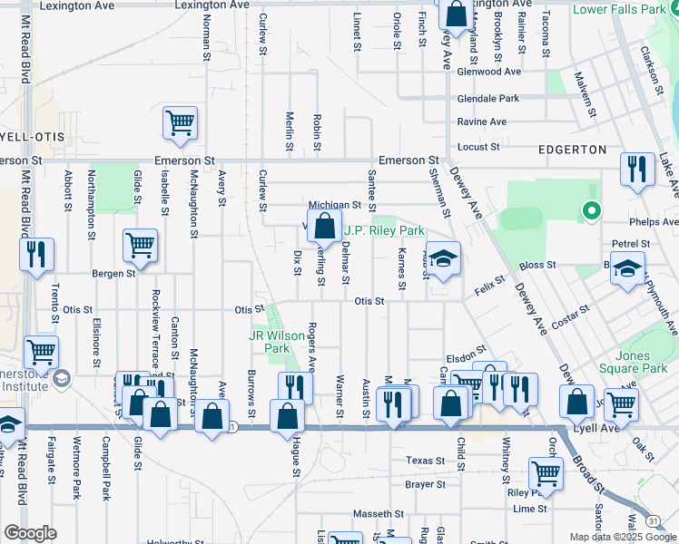 map of restaurants, bars, coffee shops, grocery stores, and more near 45 Delmar Street in Rochester