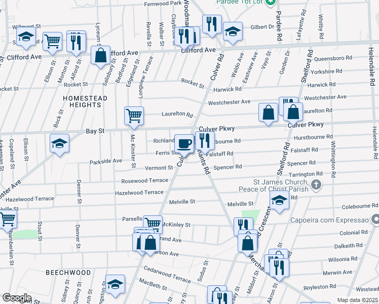 map of restaurants, bars, coffee shops, grocery stores, and more near 1350 Culver Road in Rochester