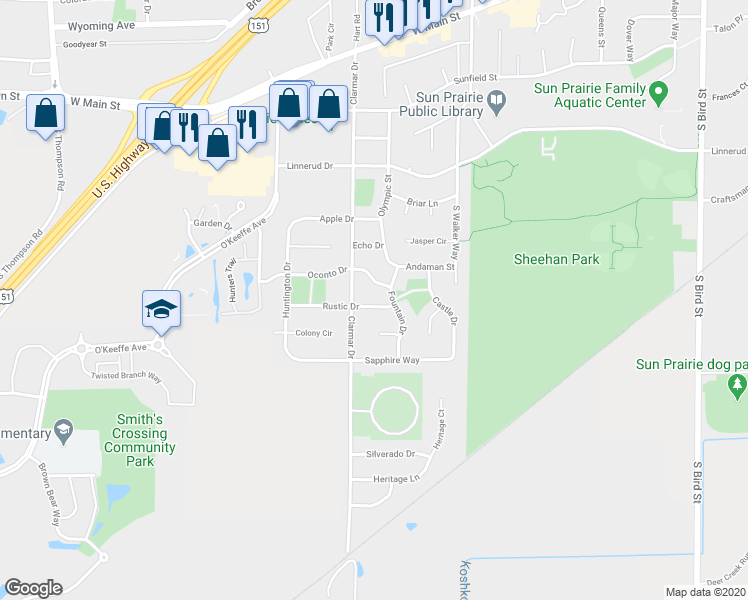 map of restaurants, bars, coffee shops, grocery stores, and more near 1616 Rustic Drive in Sun Prairie