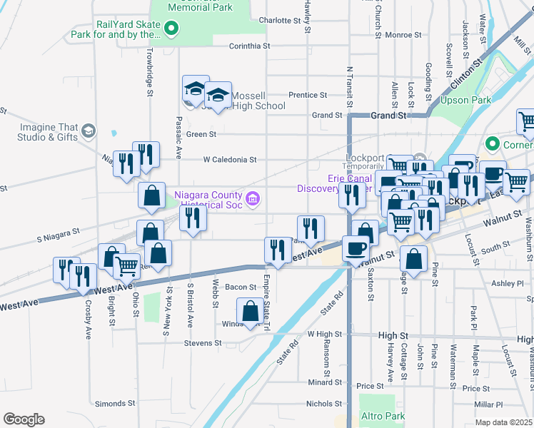 map of restaurants, bars, coffee shops, grocery stores, and more near Niagara Street & Prospect Street in Lockport