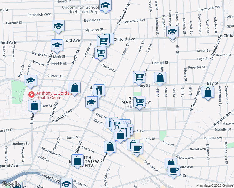 map of restaurants, bars, coffee shops, grocery stores, and more near 209 Hebard Street in Rochester