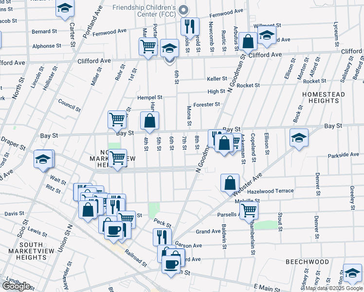 map of restaurants, bars, coffee shops, grocery stores, and more near 129 7th Street in Rochester