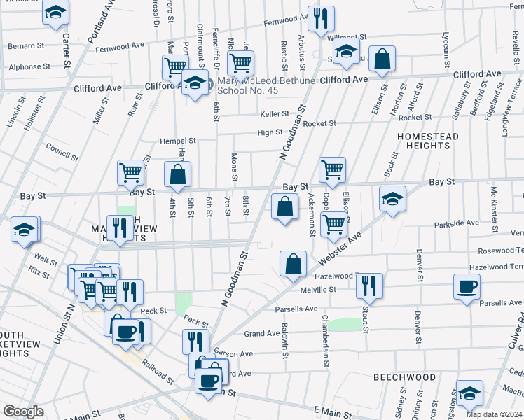 map of restaurants, bars, coffee shops, grocery stores, and more near Goodman St N & Heidelberg St in Rochester