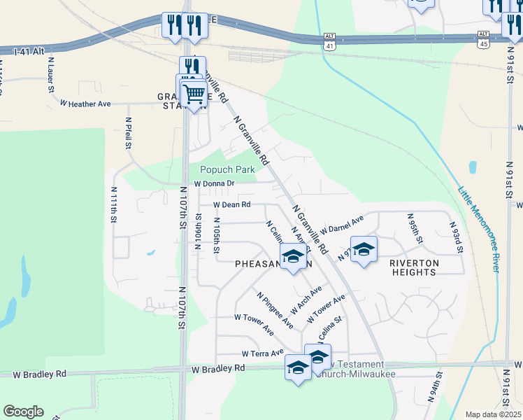 map of restaurants, bars, coffee shops, grocery stores, and more near 10301 West Dean Road in Milwaukee