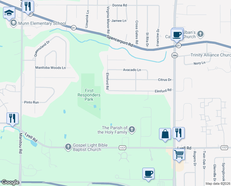 map of restaurants, bars, coffee shops, grocery stores, and more near 53 Elmford Road in Rochester