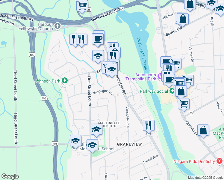 map of restaurants, bars, coffee shops, grocery stores, and more near 15 Harvest Oak Drive in St. Catharines