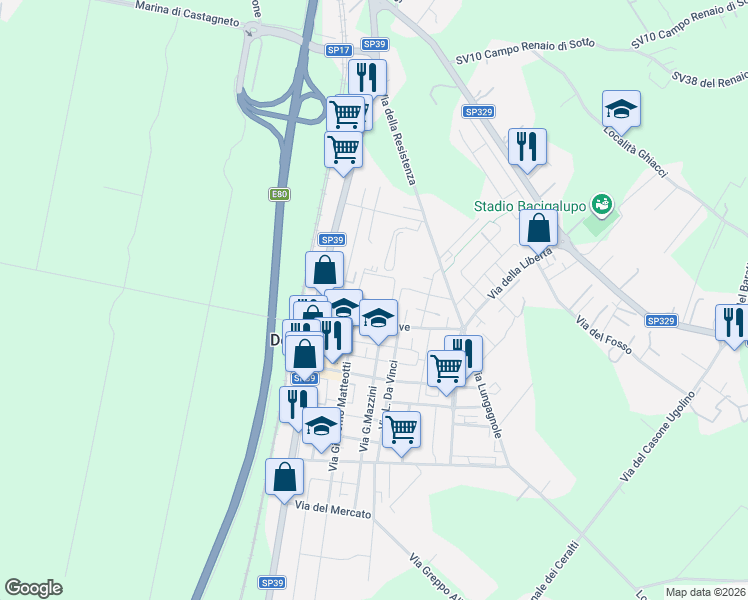 map of restaurants, bars, coffee shops, grocery stores, and more near 1A Piazza Europa in Donoratico