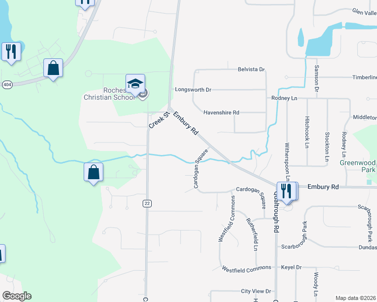 map of restaurants, bars, coffee shops, grocery stores, and more near 61 Cardogan Square in Rochester