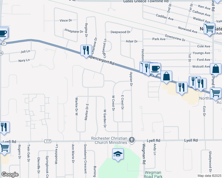 map of restaurants, bars, coffee shops, grocery stores, and more near 47 West Crest Drive in Rochester
