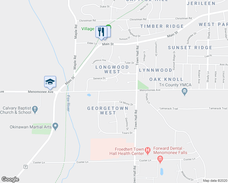 map of restaurants, bars, coffee shops, grocery stores, and more near 18251 Menomonee Avenue in Menomonee Falls