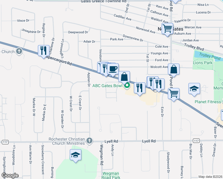 map of restaurants, bars, coffee shops, grocery stores, and more near 84 Gates Manor Drive in Rochester