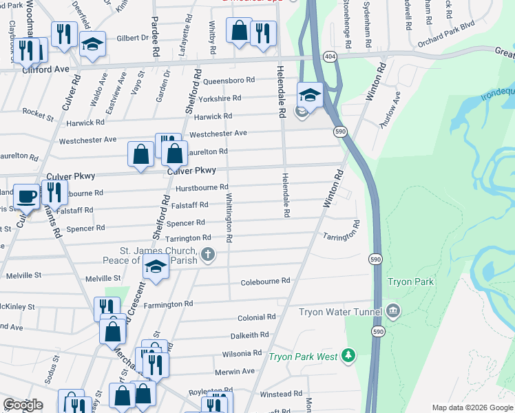 map of restaurants, bars, coffee shops, grocery stores, and more near 437 Falstaff Road in Rochester