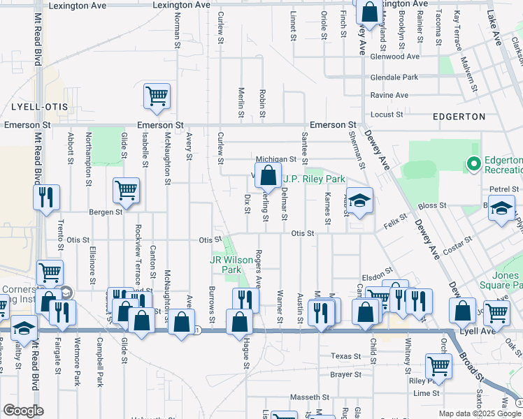 map of restaurants, bars, coffee shops, grocery stores, and more near 49 Sterling Street in Rochester