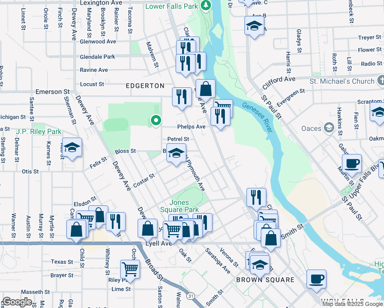 map of restaurants, bars, coffee shops, grocery stores, and more near 53 Bloss Street in Rochester