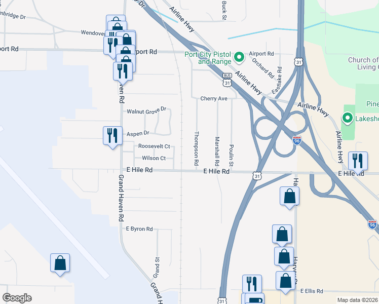 map of restaurants, bars, coffee shops, grocery stores, and more near 4547 Thompson Road in Norton Shores