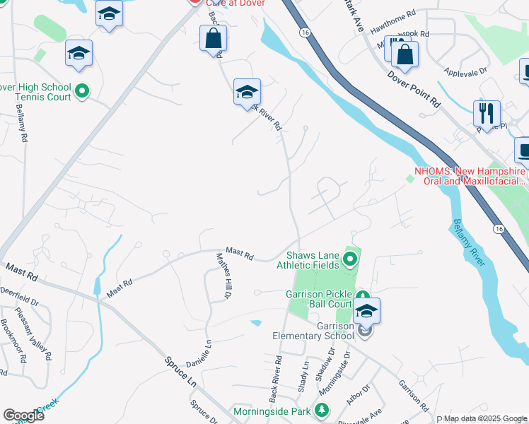 map of restaurants, bars, coffee shops, grocery stores, and more near 67 Back River Road in Dover