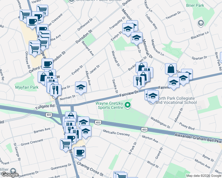 map of restaurants, bars, coffee shops, grocery stores, and more near 80 Norman Street in Brantford