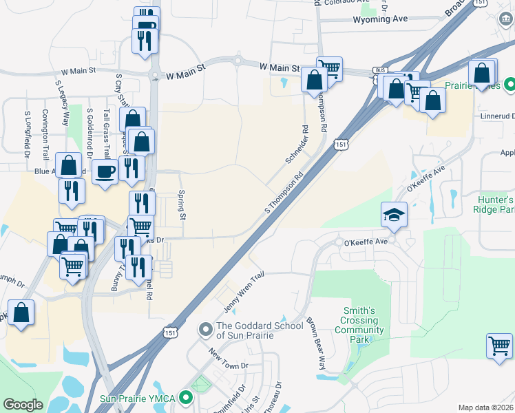 map of restaurants, bars, coffee shops, grocery stores, and more near 650 South Thompson Road in Sun Prairie