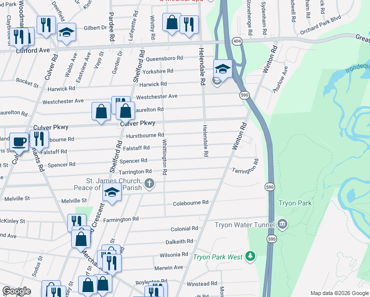 map of restaurants, bars, coffee shops, grocery stores, and more near 437 Falstaff Road in Rochester