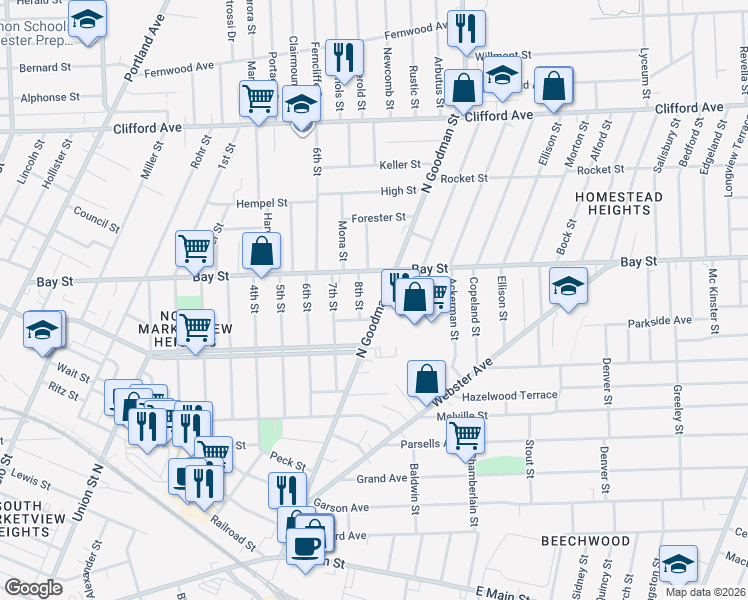 map of restaurants, bars, coffee shops, grocery stores, and more near 4 8th Street in Rochester