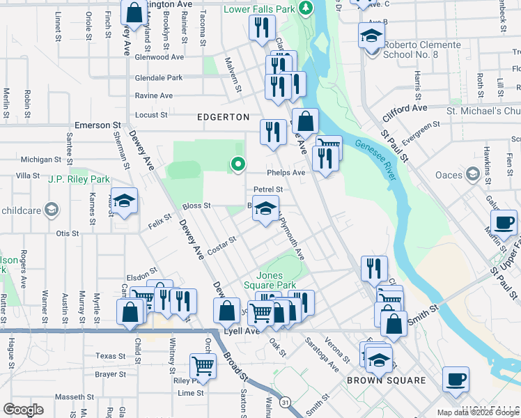 map of restaurants, bars, coffee shops, grocery stores, and more near 61 Wagner Alley in Rochester