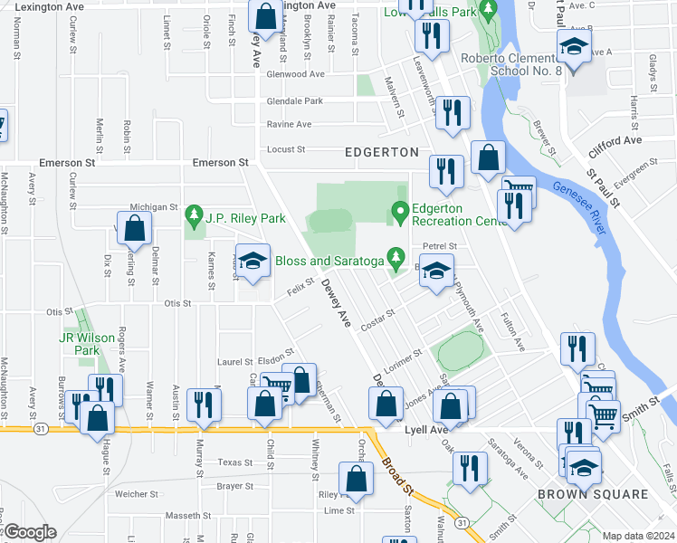 map of restaurants, bars, coffee shops, grocery stores, and more near 195 Bloss Street in Rochester