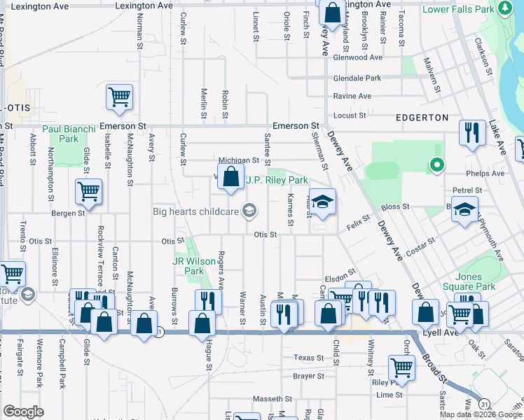 map of restaurants, bars, coffee shops, grocery stores, and more near 47 Santee Street in Rochester