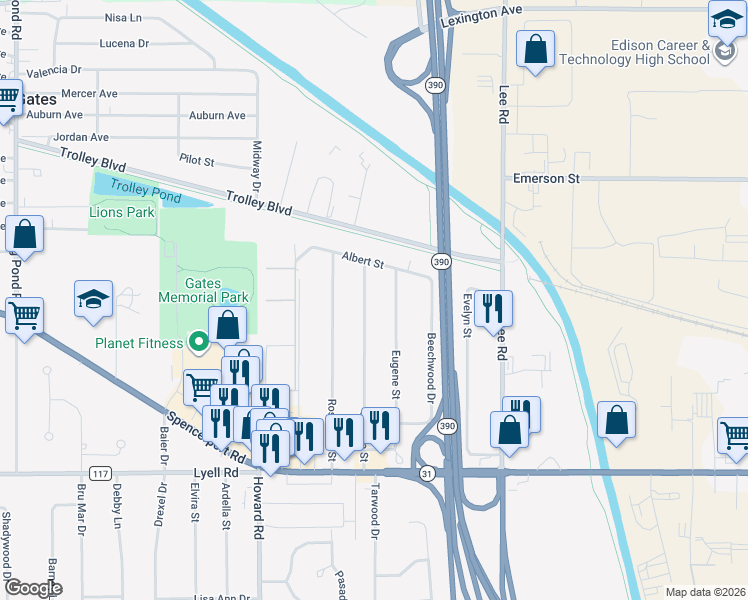 map of restaurants, bars, coffee shops, grocery stores, and more near 66 Matilda Street in Rochester