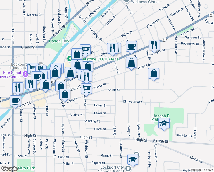 map of restaurants, bars, coffee shops, grocery stores, and more near 250 South Street in Lockport