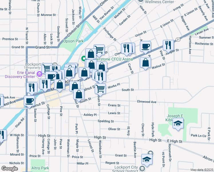 map of restaurants, bars, coffee shops, grocery stores, and more near 274 Walnut Street in Lockport