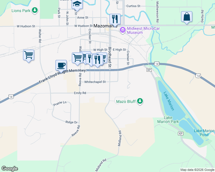 map of restaurants, bars, coffee shops, grocery stores, and more near 622 Brodhead Street in Mazomanie