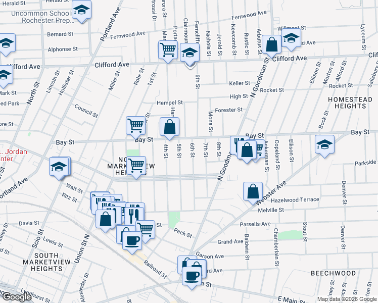 map of restaurants, bars, coffee shops, grocery stores, and more near 173 6th Street in Rochester