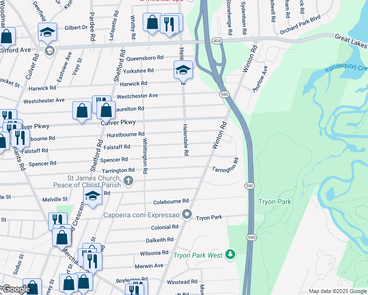 map of restaurants, bars, coffee shops, grocery stores, and more near 541 Falstaff Road in Rochester