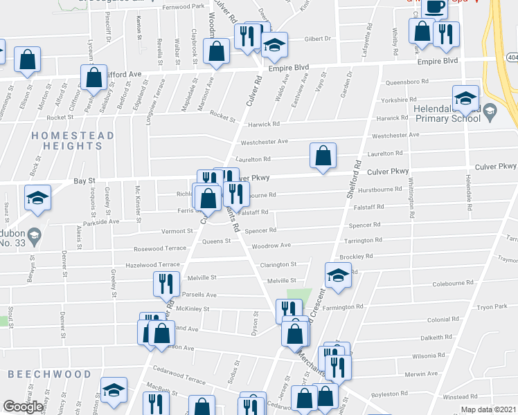 map of restaurants, bars, coffee shops, grocery stores, and more near 62 Falstaff Rd in Rochester