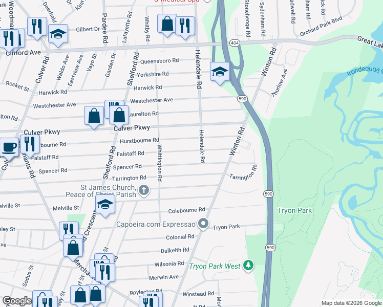 map of restaurants, bars, coffee shops, grocery stores, and more near 491 Falstaff Road in Irondequoit