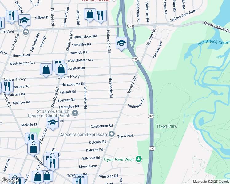 map of restaurants, bars, coffee shops, grocery stores, and more near 541 Falstaff Rd in Rochester