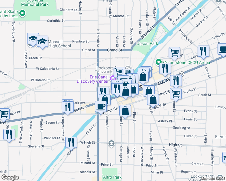 map of restaurants, bars, coffee shops, grocery stores, and more near 1 Niagara Street in Lockport