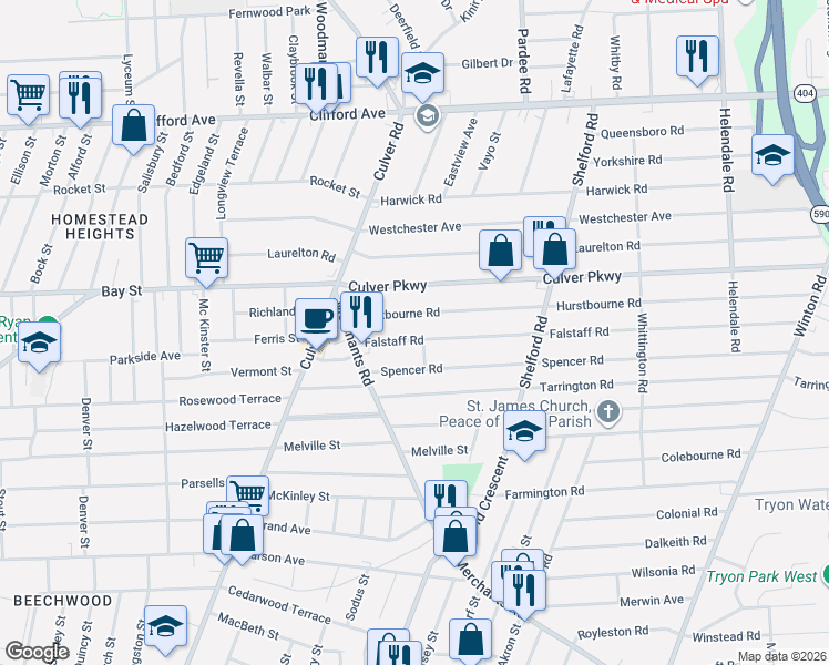 map of restaurants, bars, coffee shops, grocery stores, and more near 62 Falstaff Road in Rochester