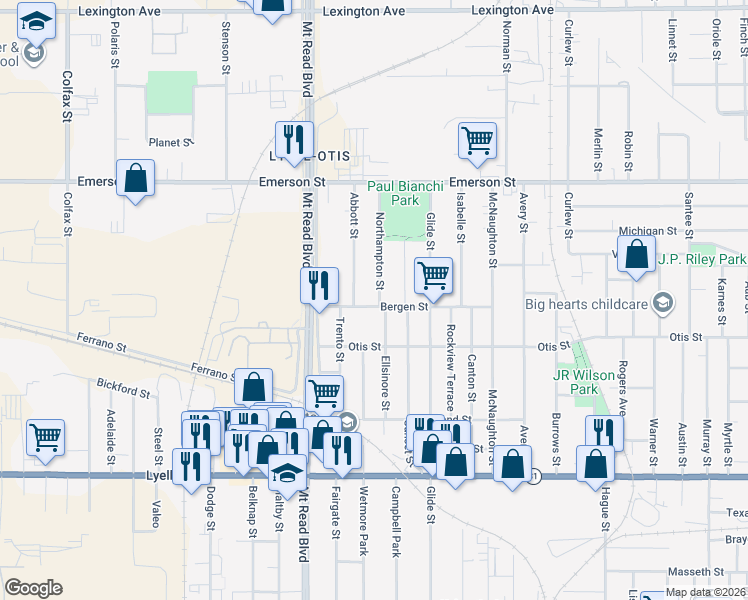 map of restaurants, bars, coffee shops, grocery stores, and more near 176 Bergen Street in Rochester