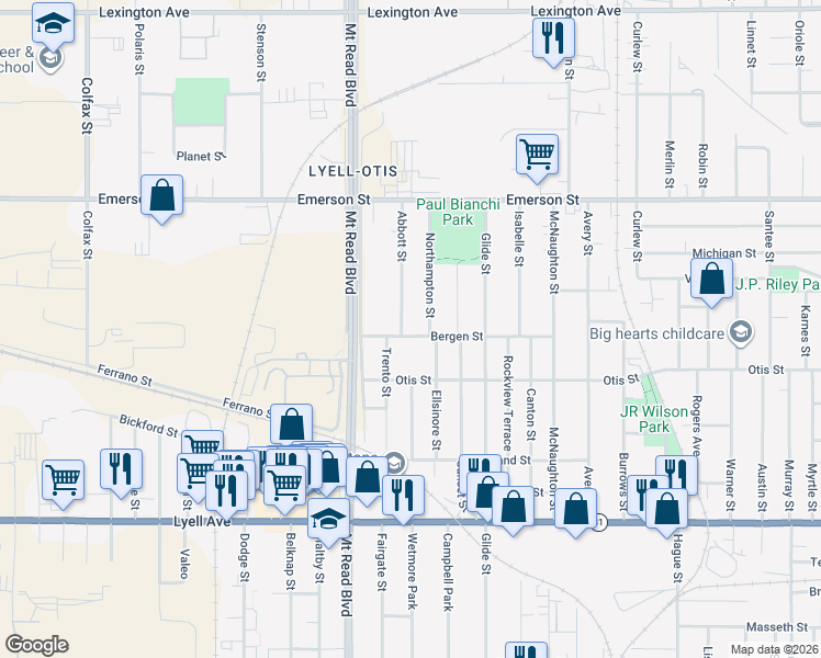 map of restaurants, bars, coffee shops, grocery stores, and more near 176 Bergen Street in Rochester