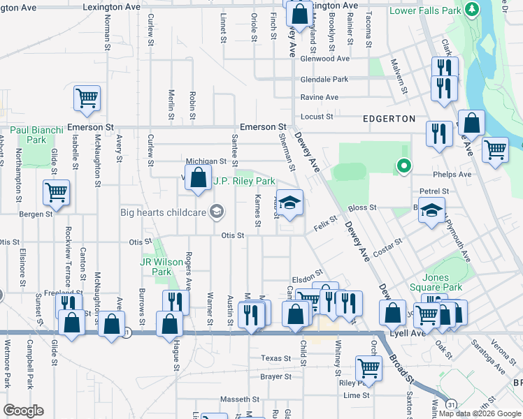map of restaurants, bars, coffee shops, grocery stores, and more near 52 Karnes Street in Rochester