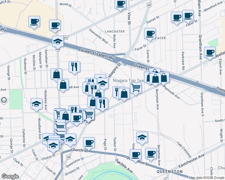 map of restaurants, bars, coffee shops, grocery stores, and more near 125 Page Street in Saint Catharines